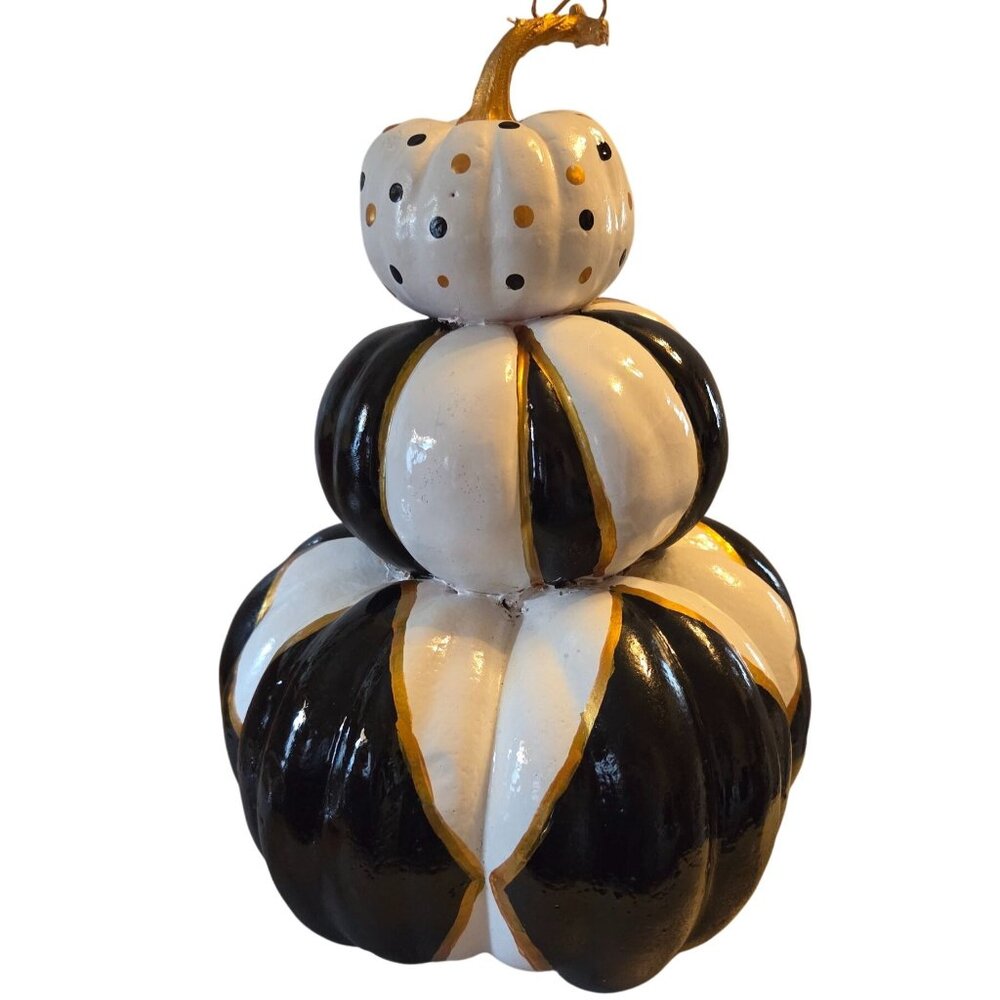 Stacked Black & White Check Pumpkin Decor Fall Thanksgiving 14" Upcycled